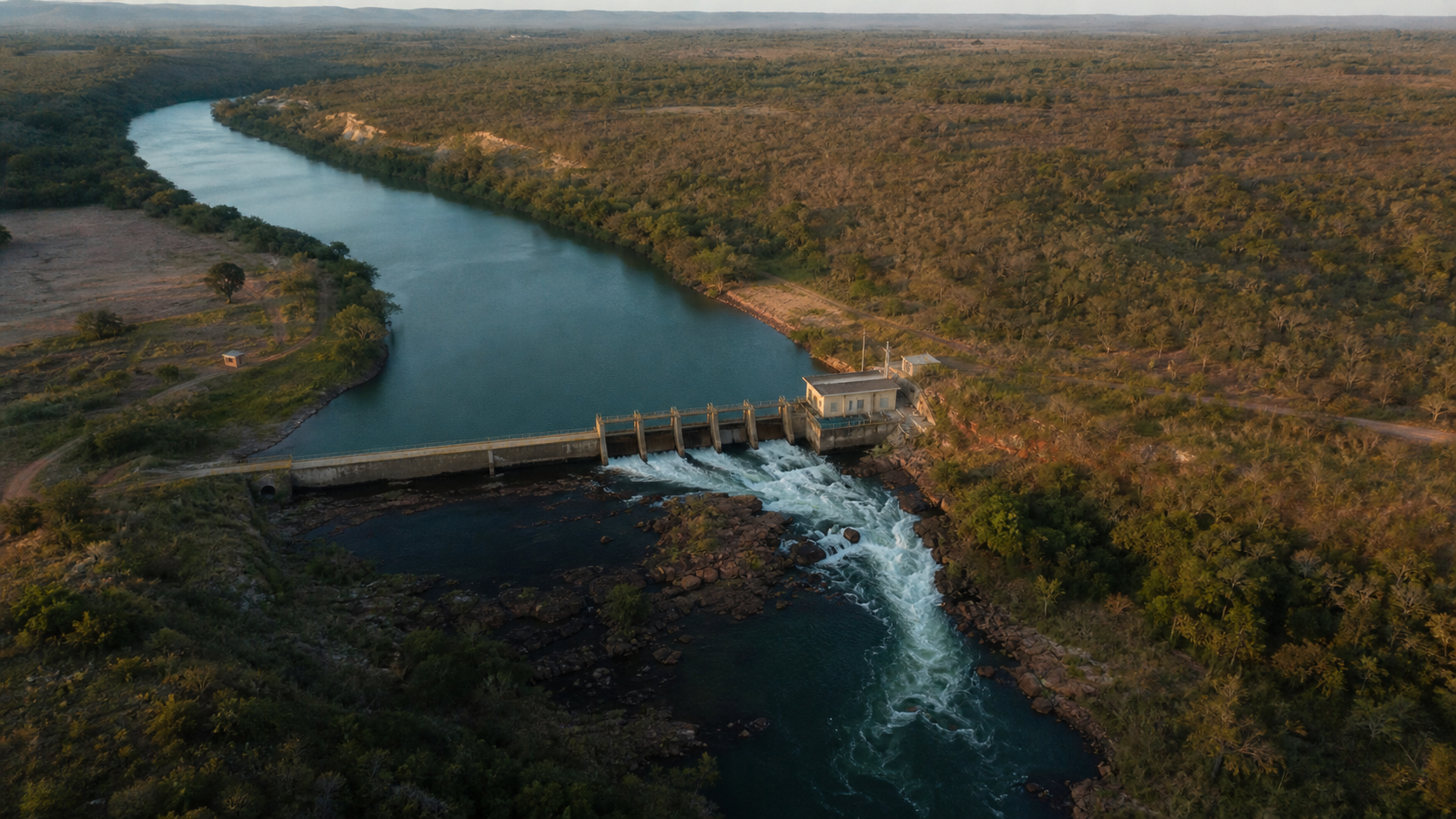 Vista aérea de uma pequena central hidrelétrica em um rio do Cerrado