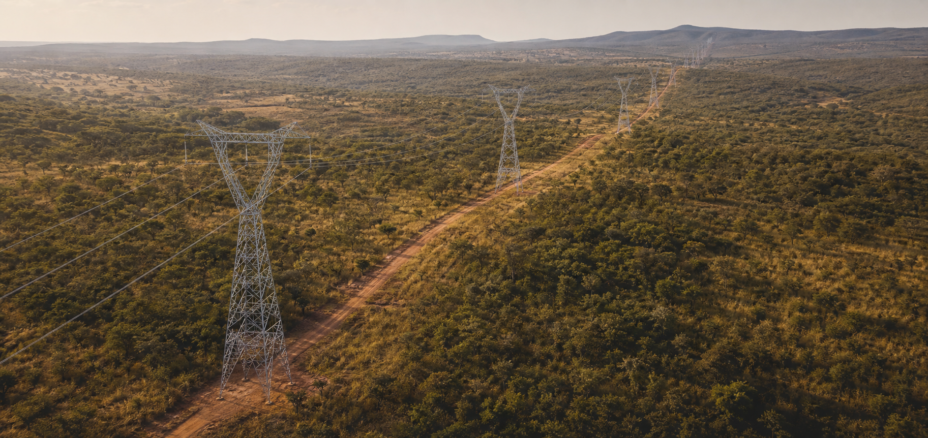 Linha de transmissão cruzando uma paisagem de Cerrado em Goiás
